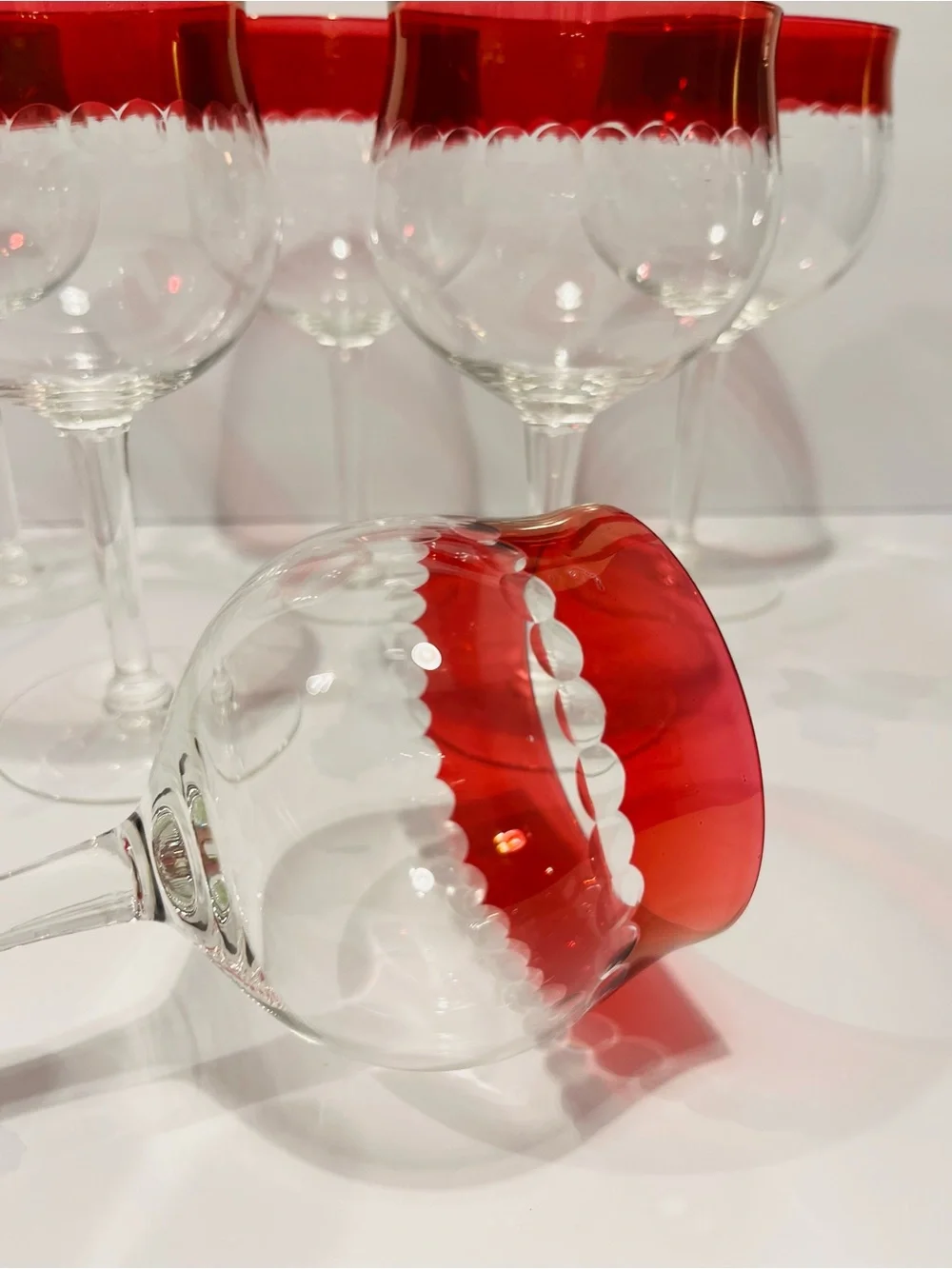 Vintage 1950’s Czech Crystal Cranberry Cut Dots Wine Glasses Set of 6